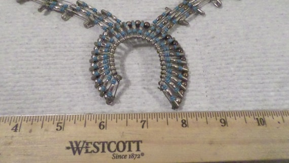 Vintage Artisan Safety Pin Blue Stone Silver Bead… - image 3