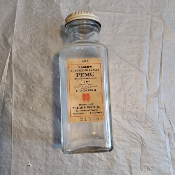 Vintage Rorer's Compressed Tablet PEMU Medicine Bottle, Pharmacy Medicine Bottle