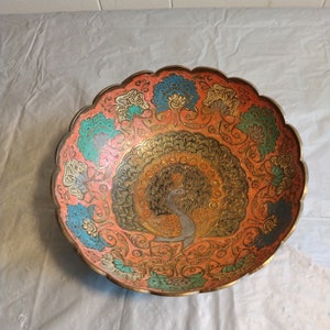 Vintage Enesco Brass Enamel Peacock Bowl, Look & Read Description
