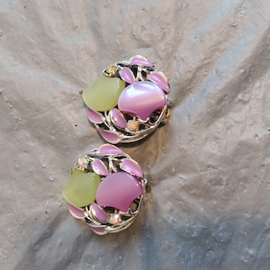 Vintage Green & Purple Plastic and Enamel Clip on Earrings