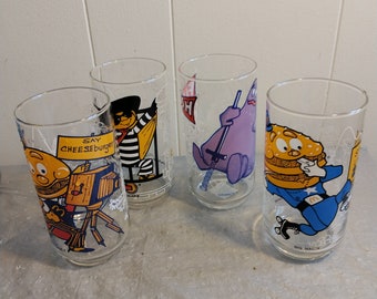 4 Vintage 1977 Mc Donalds Glasses, Big Mac Hamburglar Mayor McCheese Grimace