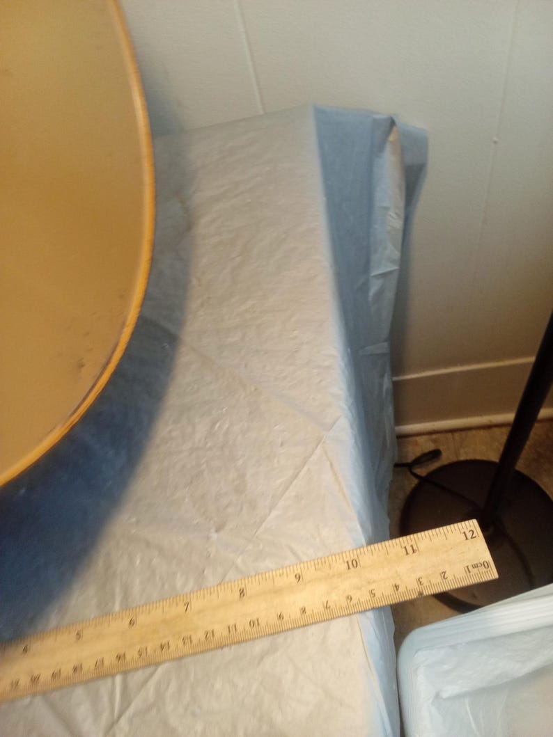 May include: A wooden ruler with inch markings, measuring up to 12 inches, lies on a light blue surface. A portion of a round, tan object is visible on the left. The scene is indoors, with a white wall in the background.