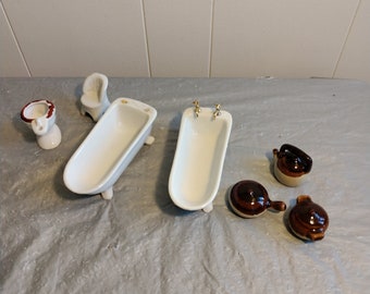 7 pc Vintage Doll Furniture, Bathtubs Toilet Cookware Chair, Miniature Furniture