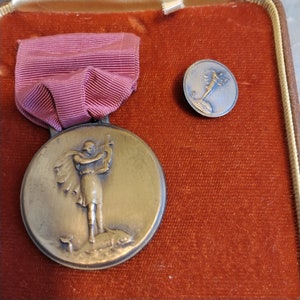 2pc Vintage Whitehead Hoag Medal & Lapel Pin, Roman Man on Fish, Angel