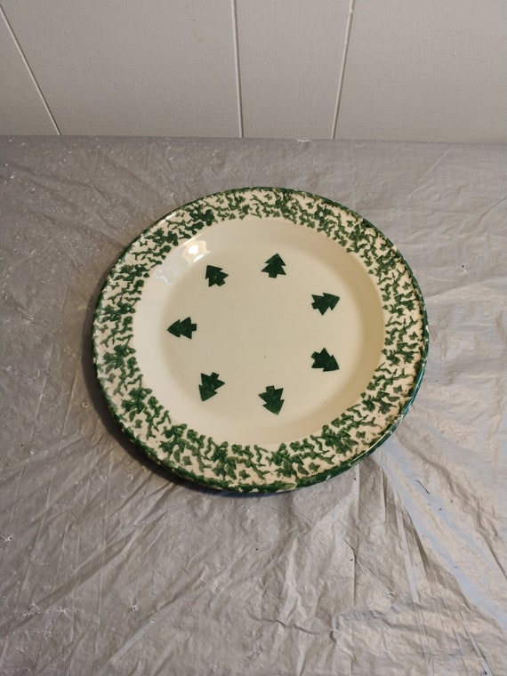 9 3/4 Roseville Ohio Sponge Paint Plate, Dinner Plate, Green Sponge Paint  Dinner Plate Christmas Trees 