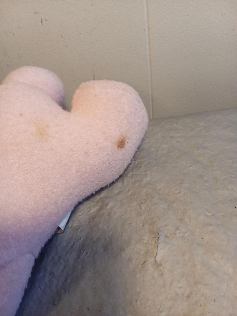 May include: A light pink plush toy with a heart-shaped design. The plush toy has two brown spots on its surface. The toy is made of a soft, fuzzy material.