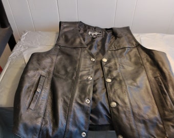 Vintage FMC Black Leather Vest, Biker Vest, Buffalo Nickel Snaps