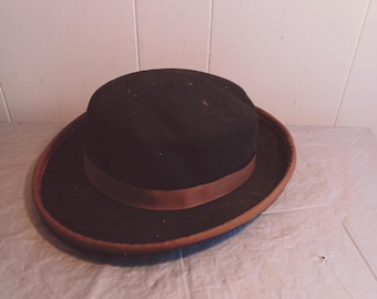 Vintage 100% Wool Black Wool Brown Leather Hat Doeskin Felt 