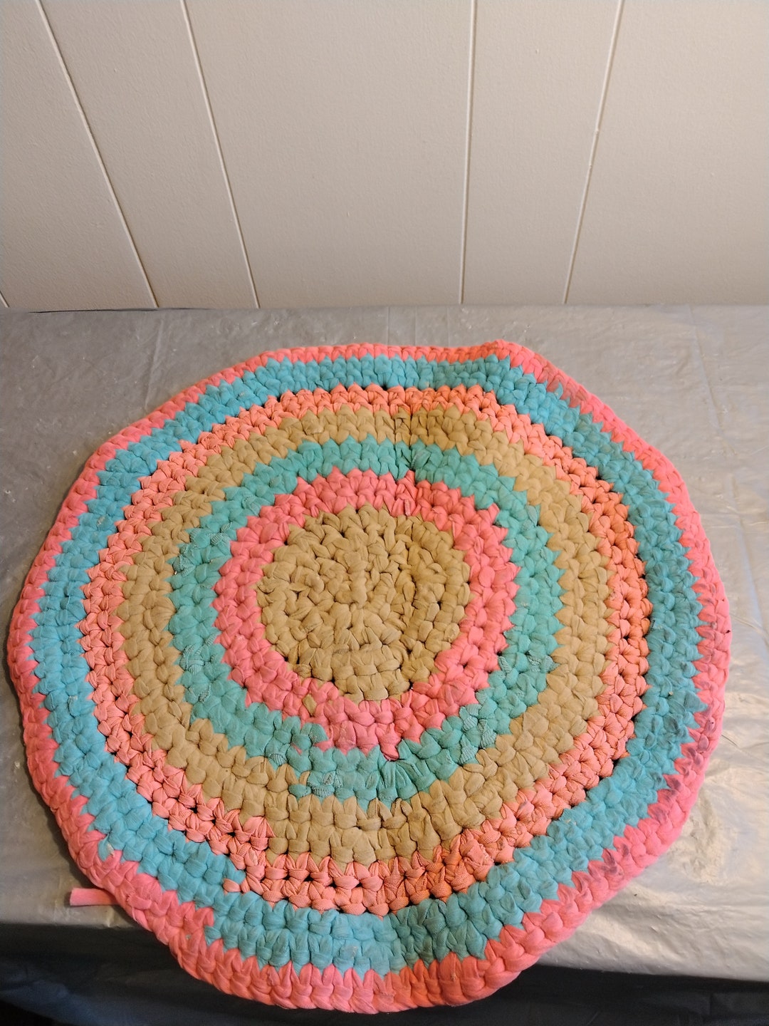 Vintage Rag Rug, Area Rug, 18 Round Pink Blue Tan Rug Etsy
