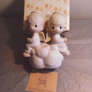 1979 Enesco Precious Moments Figurine E-3115, But Love Goes On Forever, Boy Girl Angel Figurine
