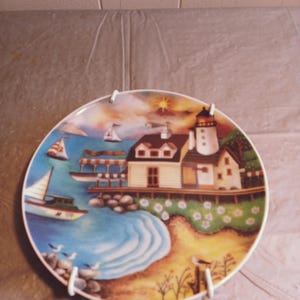 Decorative Sea Scene Plate, Ocean Lighthouse Boat Motif, Nautical Decor