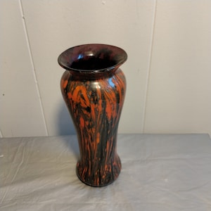 Vintage Hand Blown Art Vase, Black & Orange Glass Vase