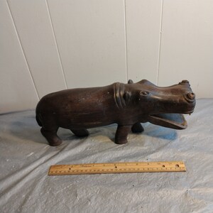 14.5&quot; Vintage Wood Carved Hippo Figure with Teeth, Hippopotamus
