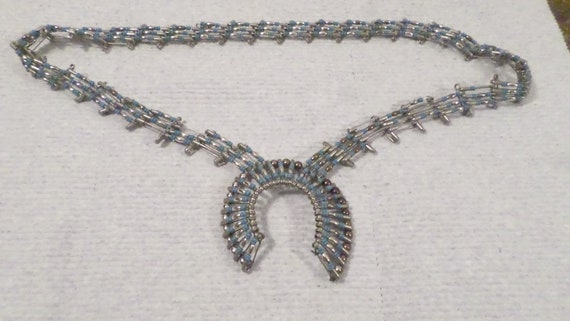 Vintage Artisan Safety Pin Blue Stone Silver Bead… - image 1