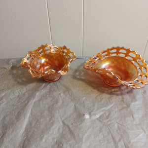 2 Vintage Basket Weave Carnival Glass Bowl Lace Edge Bowl