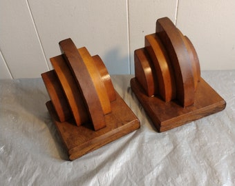 Vintage Art Deco Bookends, Round 2 tone Wood