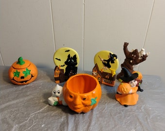 6pc Vintage Ceramic Halloween Figurine Lot, Pumpkin Witch Black Cat