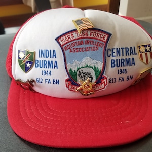 Vintage WWII US Army Rangers Burma 1944 1945 Mars Task Force Mountain Artillery Association Snapback Hat With Pins