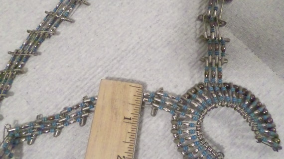 Vintage Artisan Safety Pin Blue Stone Silver Bead… - image 8