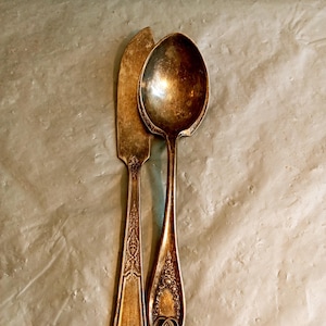 Puede incluir: Juego antiguo de cuchillo de mantequilla y cuchara de color plateado. El cuchillo tiene una hoja redondeada y un mango ornamentado. La cuchara tiene un cuenco grande y ovalado y un mango decorativo. Ambas piezas muestran patrones florales intrincados.