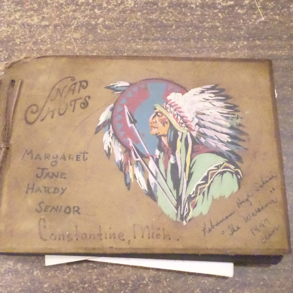 Vintage 1940s SnapShots Photo Album Scrapbook with Hand Painted Native American Image Cover