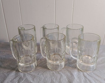 6 Vintage Clear Glass Beer Mugs, Barware, Bar Glasses