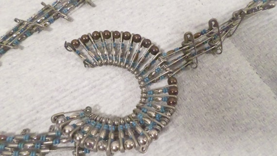 Vintage Artisan Safety Pin Blue Stone Silver Bead… - image 7
