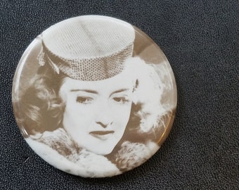 Vintage BETTE DAVIS Celebrity Mirror Button 2-1/8" Black & White