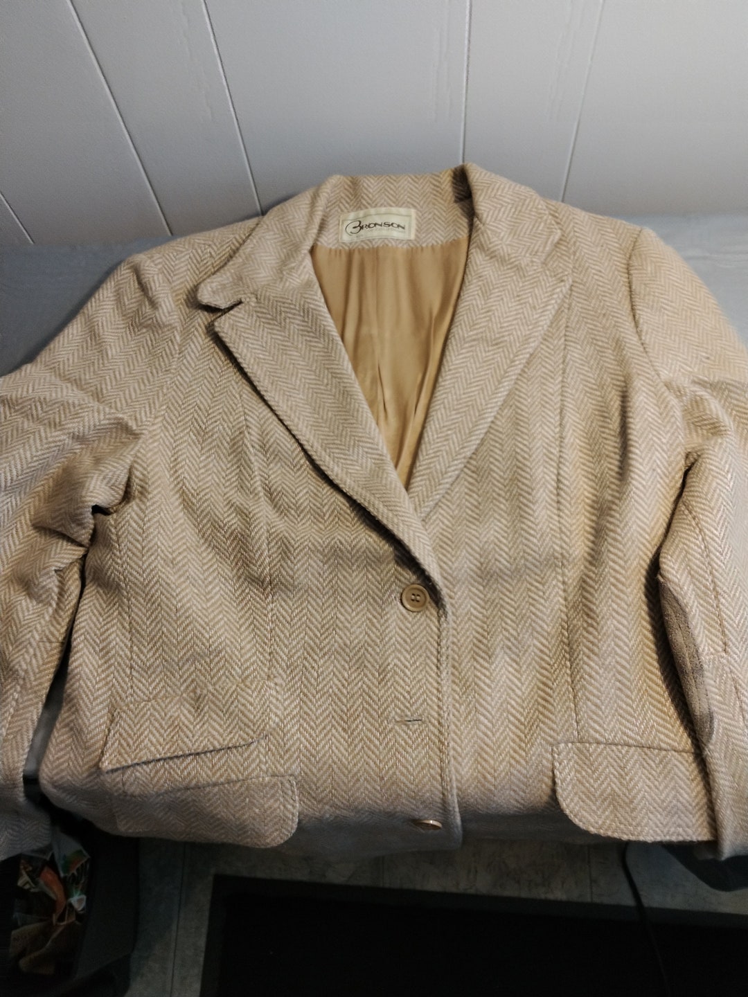 Vintage Bronson Wool Blazer With Elbow Pads 1314, Tan Chevron Design