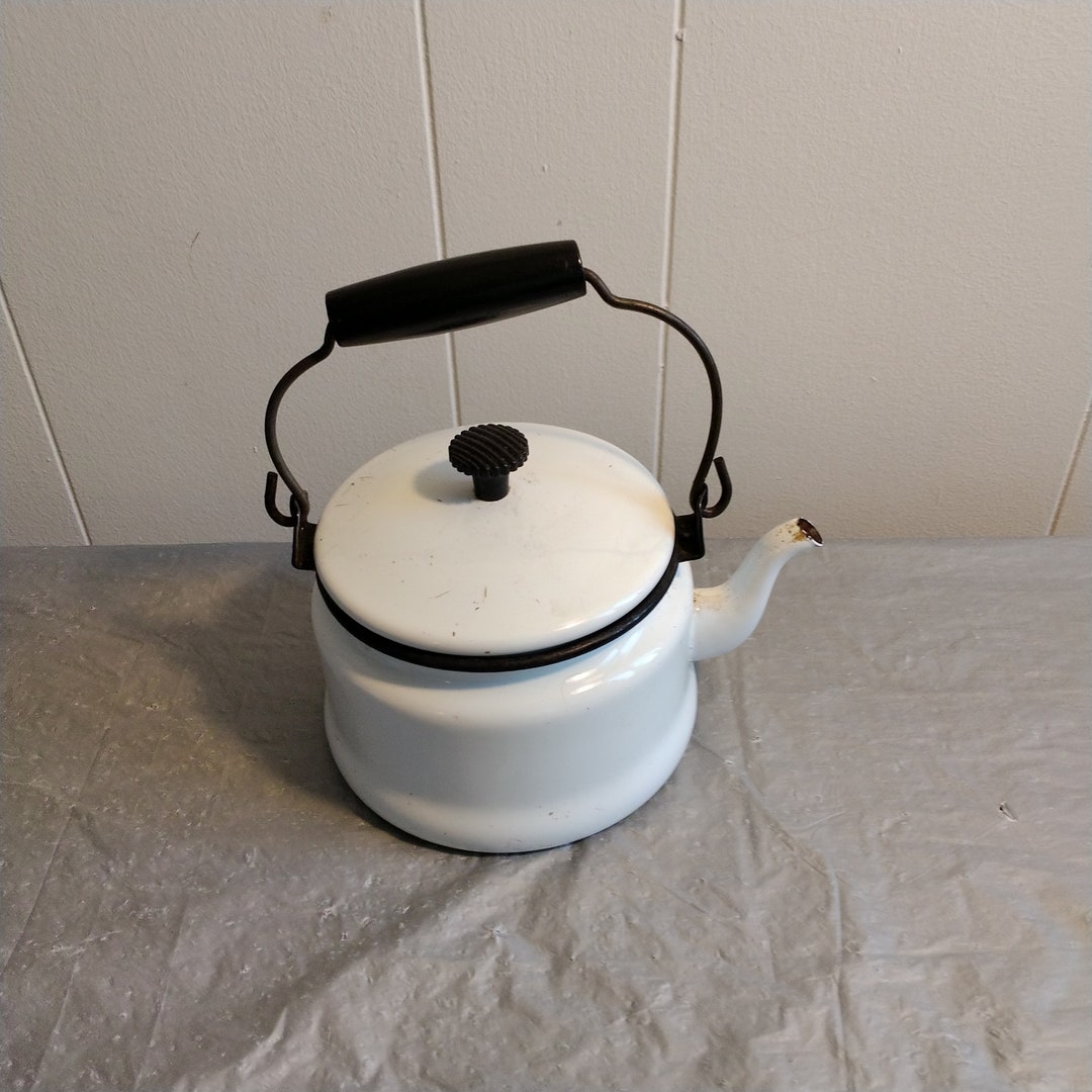 Vintage Graniteware Enamelware Teapot, White With Black Etsy