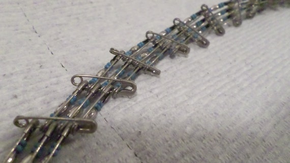 Vintage Artisan Safety Pin Blue Stone Silver Bead… - image 6