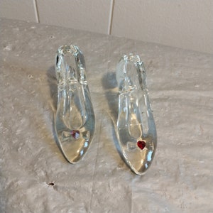2 Vintage Clear Glass Shoes with Red Purple Heart Stone, 3&quot; Glass Shoe, Decorative Shoe Erin Dana