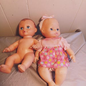 Girl & Boy Vintage Rubber Dolls, 1990s Lauer Toys Drink and Wet Doll, 1976 GCLLC Doll, First Bathtime