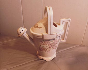 Keramik Gießkanne Vase mit rosa Blumen