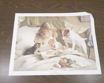 Vintage Suspense Print by Charles Burton Barber, Little Girl dog Cat Praying Print, 17.5 x 13.5", Printed England