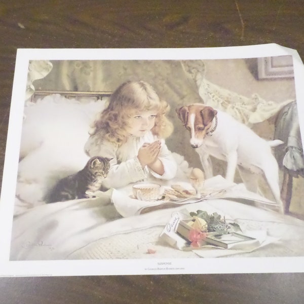 Vintage Suspense Print by Charles Burton Barber, Little Girl dog Cat Praying Print, 17.5 x 13.5", Printed England