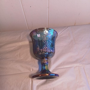 Stemmed Blue Carnival Glass Goblet, Grape Leaf Design