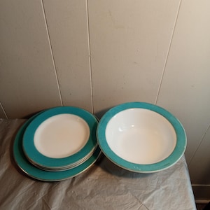 5pc Vintage Pyrex Turquoise Aqua Band Plates & Bowl, Pyrex USA
