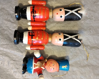 3 Vintage Wood Ornaments, Drummer Toy Soldier Ornaments