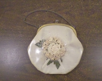 Vintage Clamshell Purse, Plastic Coated Dried Flowers Purse