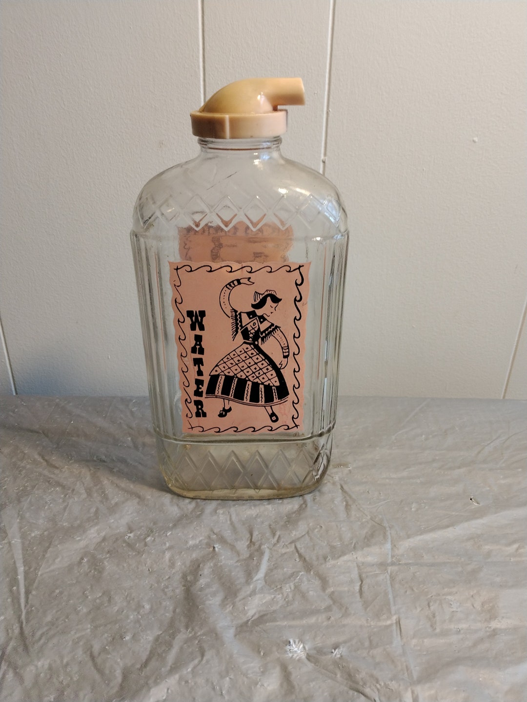 Vintage Glass Water Jug, Drink Pitcher With Man Woman Figures, Water