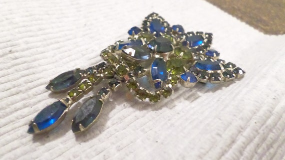 Vintage Rhinestone Brooch, Blue & Green Stone Bro… - image 2