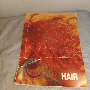 Pode incluir: Uma capa de revista vintage com a palavra "HAIR" em letras brancas. A capa apresenta um close-up de cabelo ruivo e um olho de pena de pavão. O esquema de cores é quente, com tons de vermelho, laranja e amarelo.