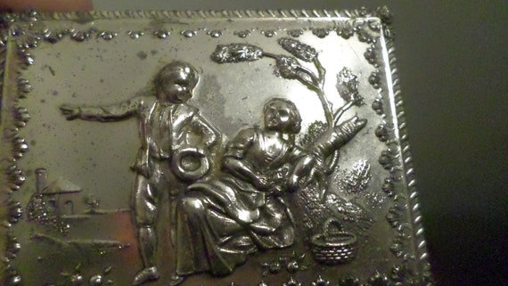 Vintage Metal Trinket Box, Man Woman Garden Scene… - image 4