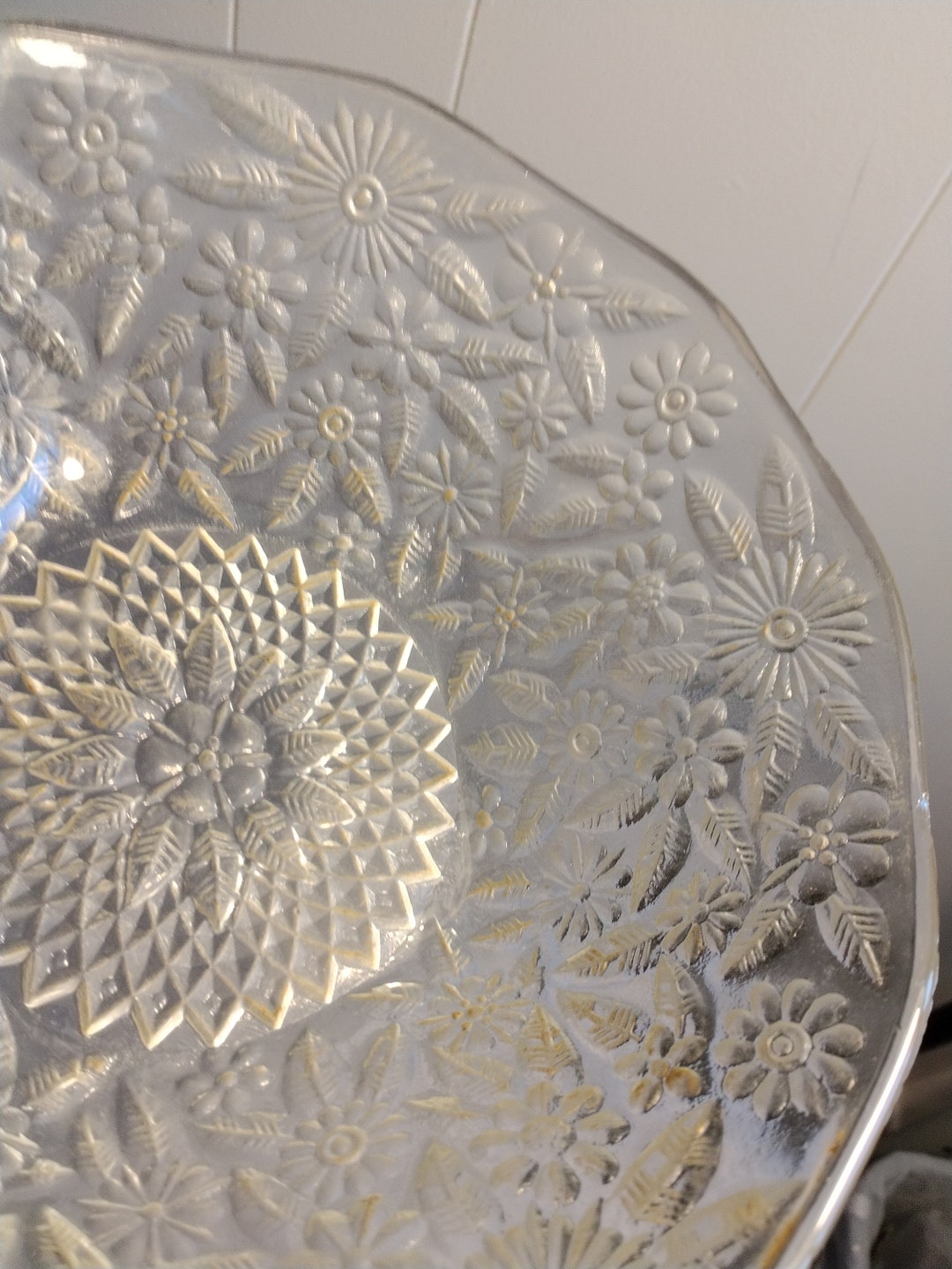 Vintage Pressed Glass Floral Bowl Glass Bowl With Flowers Etsy