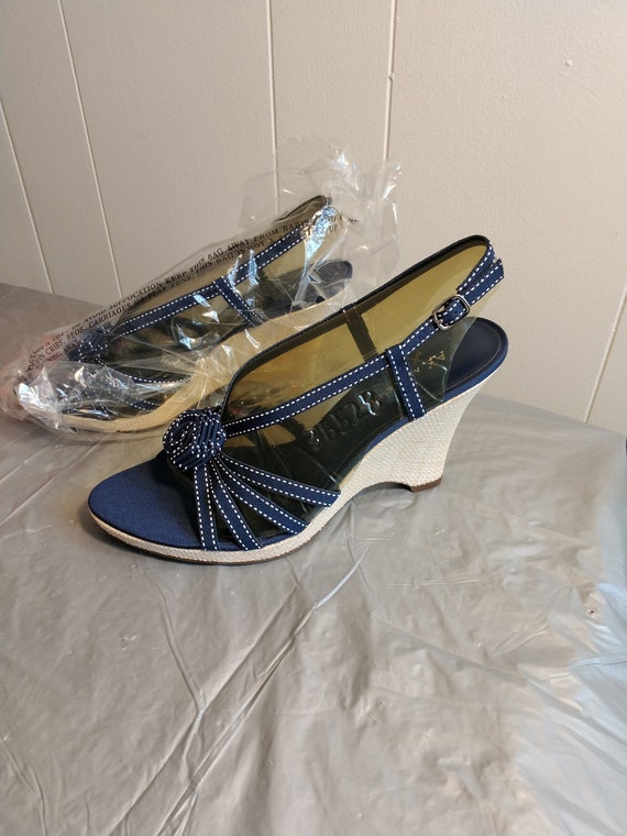 NOS Anne Klein Shoes, Navy Wedge Sandals, Halliday