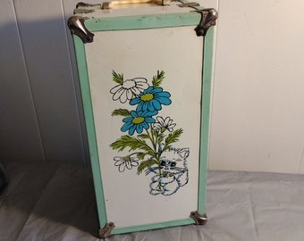 Vintage Metal Doll Trunk, Doll Case, Mint Green & White with Cat
