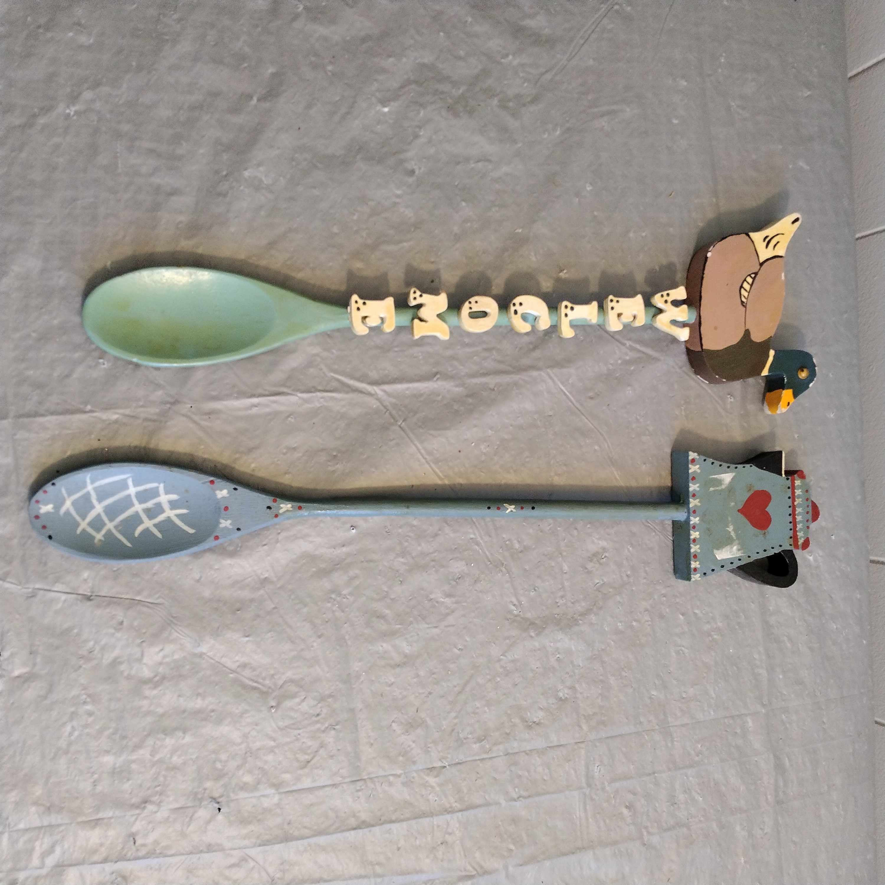 2 Vintage Decorative Wood Spoons, Duck Coffee Pot Welcome