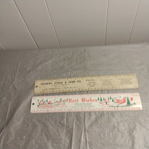 2 Vintage Metall Werbe Lineale, Lincoln Mercury Lichtenwalner Motors, Traders Flour & Feed Co PA