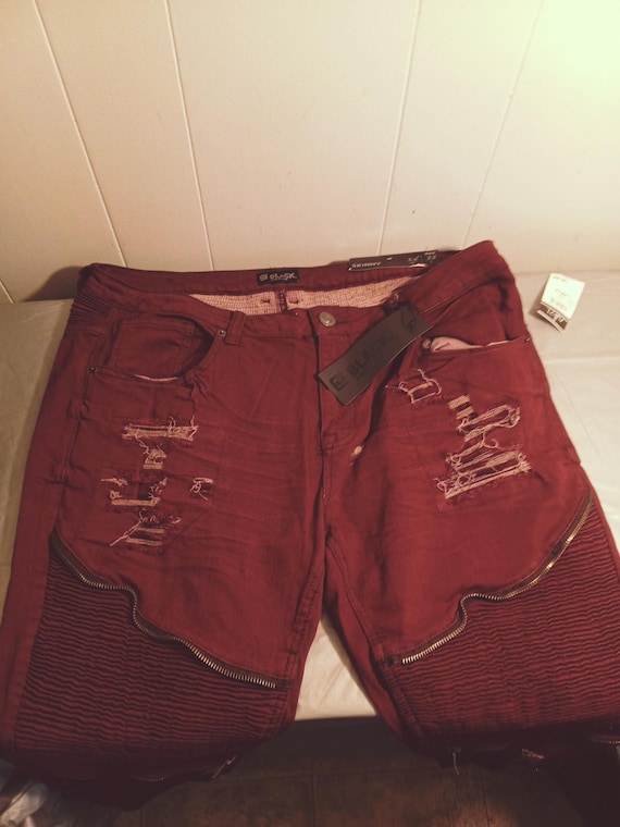 Rue 21 Black Premium Red Flex Skinny Jeans 34x32, Distressed